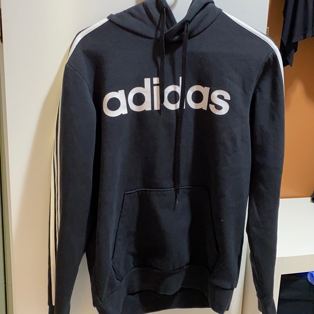Adidas black hoodie with striped sleeves. Size small.